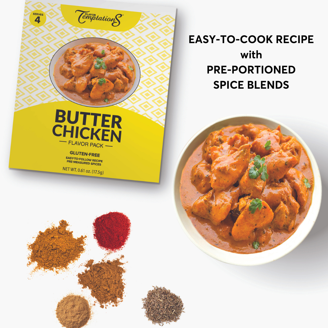 Butter Chicken spice mix packet and finished dish.